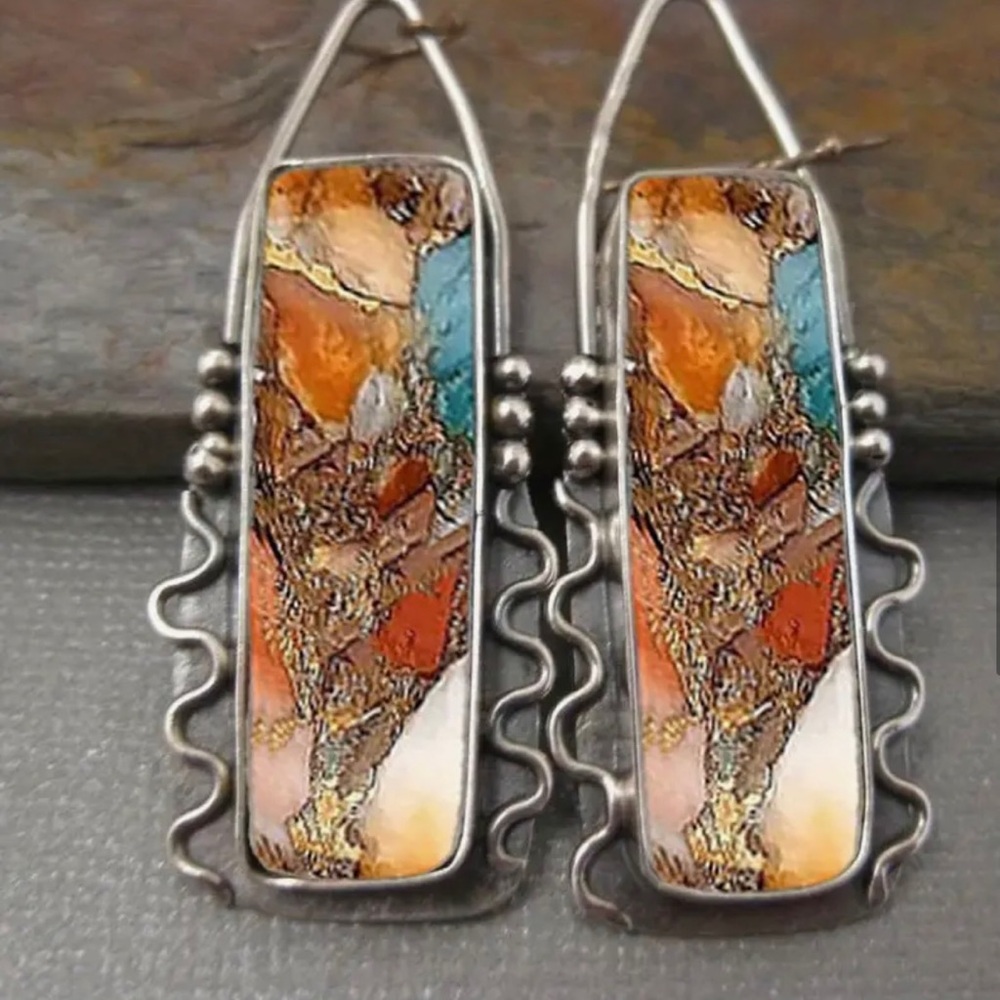 Silver Multicolor Dangle Earrings Orange Blue Cream Lightweight Statement Gift - Picture 2 of 4